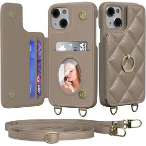 Crossbody Wallet with Cosmetic Mirror Case for iPhone 15 Pro Max, UP Leather Case with Card Slots Invisible Stand, Women Detachable Lanyard 6.7-Inch Phone Case White in Kuwait