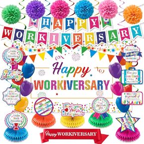 Happy Work Anniversary Decorations Rose Gold Happy Workiversary Banner Honeycomb Centerpieces Hanging Swirls Tissue Paper Pompoms Sash Set for Women Office Employee Worker Appreciation Party Supplies