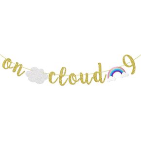 على Cloud 9 Banner التاسع عيد ميلاد ديكورات حفلة قوس قزح علامة 9 سنوات لوازم عيد ميلاد الفتاة Gold Glitter
