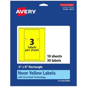 ملصقات مستطيلات قابلة للطباعة Avery مع تقنية التغذية المؤكدة ، 3 "× 5" ، ملصقات صفراء نيون ، طباعة إلى الحافة ، ليزر/نفاة ، 30 ، إجمالي ، رائع لتسميات الشحن وملصقات التغليف
