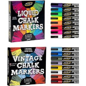 Bandle B. 16 Chalk Markers - 8 Vibrant, 8 Vintage, Erasable, Non-Toxic, Water-Based, Reversible Tips, For Kids & Adults for Glass or Chalkboard Markers, Liquid Chalk Markers (Vibrant/Vintage 6mm)