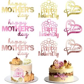 9 PCS Happy Mother's Day Cake Topper Mirror surface Acrylic heart shaped flower Happy Mother's Day Cake Topper Cake Party Decoration Accessories