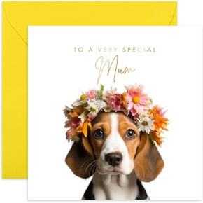 Old English Co. Beagle Dog Card very Special Mum Mum - Beagle Puppy Floral Cute Birthday Card لها - بطاقات تهنئة رائعة لأمي من أصدقاء العائلة | فارغ داخل الظرف