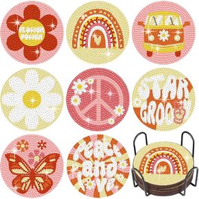 Shellwei 8 PCS Boho Diamond Painting Coasters مع حاملات هبي هبي Daisy Paint