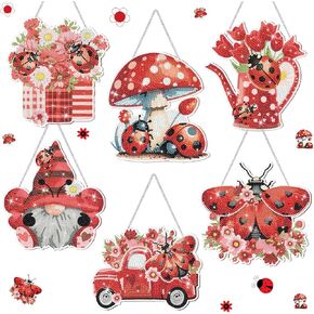Chiisong 6 PCS Spring Diamond Art Painting Kits Ladybug Diamond Paint Ladybug Flower Diamond Paints Hanging Holds for DIY Spring Holiday Party Gift