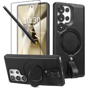 for Samsung Galaxy S25 Ultra Case with Stand, Anti-Slip Shockproof Loop, Compatible with MagSafe, Magnetic Protective Leather Case with Camera Lens and Screen Protector, Brown