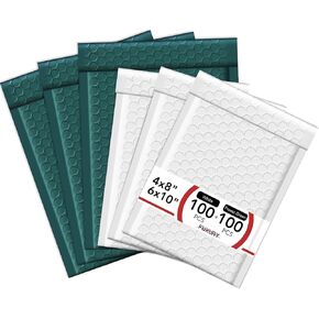 Fuxury 200pcs Bubble Mailers, 100 pcs 6x10 Padded Envelopes Forest Green +100Pcs 4x8 Bubble Mailer White, Self Seal Waterproof Mailing Envelopes Bubble Padded Bulk #0,#000 Mailers Bubble Padded
