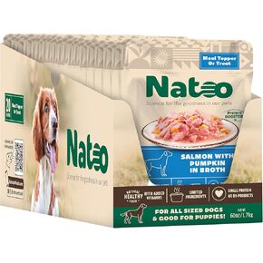 Natoo Dog Food Topper for Agber Eanters & Dog Treat (سمك السلمون والأرز البني) ، قبعات الكلاب العليا للطعام الجاف ، وجبة رطبة أدوات الكلاب والجزر ، طعام الكلاب المحدودة المكونات ، 3 أوقية (حالة 20)