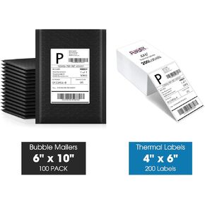 Fuxury Bubble Mailers 6x10" 100 Pack Black Padded Envelopes + Thermal Labels 4x6 200 Labels Fanfold Direct Shipping Labels, for Small Business Mailing Shipping Supplies
