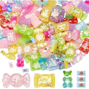 150pcs Candy Flatback Resin Charms شقة الظهر الكابوشونات اللطيفة الملونة شفافة فاكهة شفافة حلوة الدب المصاصة مصاصة على المجوهر