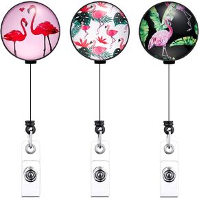 Artscope 3 Pack Crystal Glass Retractable Badge Reel Holder, 24 inch Retractable Cord Nurse Badge Clip, ID Name Badge Holder with Belt Clip (Flamingo A)