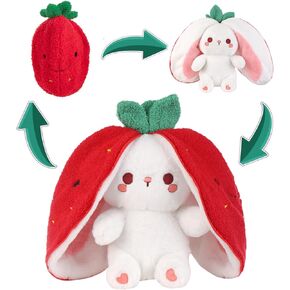 Emoin Bunny Stuffed Animal Reversible Cuddle Strawberry Bunny Plush Transformed Rabbit Toy Plush with Zipper Easter Bunny Plushies Gifts for Baby Boys Girls-7Inch