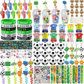 182pcs حفلات كرة القدم ، تفضل حفلة عيد ميلاد كرة القدم مع الكؤوس قش ألغاز ألعاب الصافرة مصغرة كرات الإجهاد كرة القدم صفعة أساور رئيسية لزخارف حفلة عيد ميلاد كرة القدم