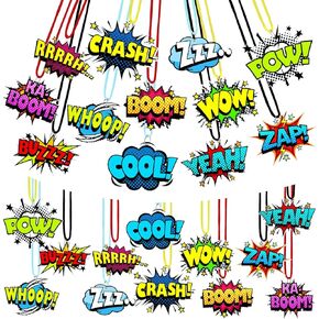 24 PCS Hero Party Favors محسوسة قلادات مع قلادات بطل حبل ملونة Word Word Vercorted Comic Comic Hero Design for Hero تحت عنوان هدايا الاحتفال البطل بحفل عيد ميلاد اللوازم