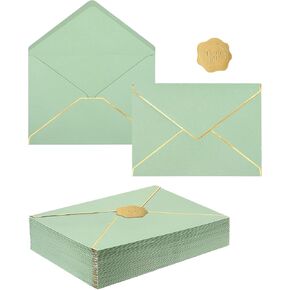 50 Pack Envelopes for 5x7 Cards, A7 Envelopes Invitation Envelopes with Gold Border, Green Envelope with Gold Stickers, Greeting Card Envelope for Birthday, Wedding, Party Invitations, Baby Shower