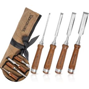 4-Pieces Woodworking Wood Chisel Set with Canvas Bag, Razor Sharp CR-V 60 Steel Blades