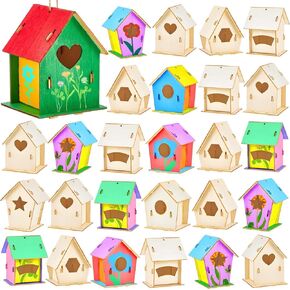 Juexica 30 Pcs Wooden Bird Houses to Paint Bird House Kits for Kids Unfinished Wood Bird Houses Crafts Kits for Children to Build and Paint DIY Craft(Cute)
