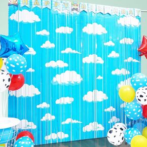 Cartoon Toy Inspired Story Birthday Party Decoration, 2 Pack Story Party Photo Booth Prop, Blue Sky White Cloud Fringe Curtains Tinsel Photo Streamers Backdrop for Cartoon Story Party Supplies
