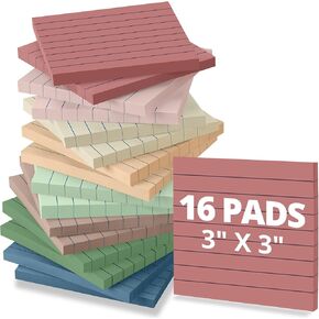 Lined Sticky Notes, 16 Pads, 3x3 inches, Vintage Self-Stick Note Pads, Sticky Note Pads with Lines, Perfect for Office Home School Desk Accessories, 56 Sheets/pad