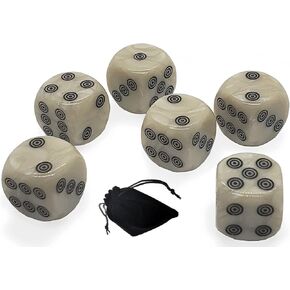Cyber-Deals Set of (6) 16mm D6 Pearlized Dice Rounded Corners Bone Tone with Black Circles Design Pips ... Plus Black Velvet Storage Pouch Bag, 10957