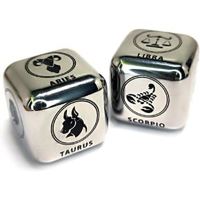 2PCS/Set Metal 12 Constellation Dice Set ، Laser محفورة بزارع 6 جوانب من الفولاذ المقاوم للصدأ الزودياك الكبير لملحق العراف (الحديثة ، الفضة) ، DK-MDICE-12XZ