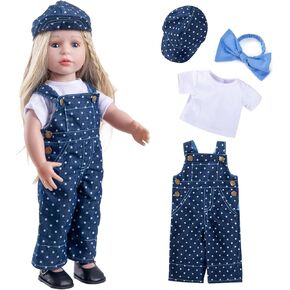 Doll Clothes Accessories 3 Pcs Set with Fashion Blue Overalls Bib Pants Jumpsuit & White Short-Sleeved T-Shirt & Blue Headband Hair Rope for Doll