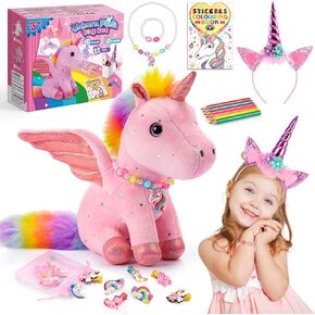 21-Piece Unicorn Gift Set for Girls Ages 3-8 | Pink Stuffed Animal Plush Toy with Jewelry Kit, DIY Coloring Book & Hair Accessories | Birthday Party Favors for Kids Toddler Girls Toys