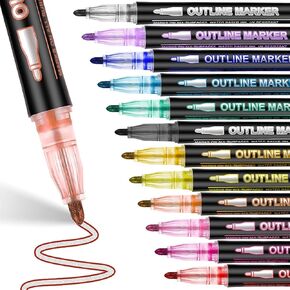 Double Line Outline Pens, 12 Colors Self-Outline Metallic Super Sparkle Markers Glitter Writing Drawing Pens set for Christmas Card Writing, Birthday Greeting, DIY Art Crafts, Scrap Booking