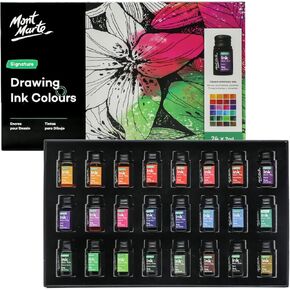Mont Marte Drawing Ink Colors Signature 24pc x 0.24 US fl.oz (7ml), Art Set Includes Vibrant Ink Colors, for Illustration, Calligraphy, Scrapbooking.