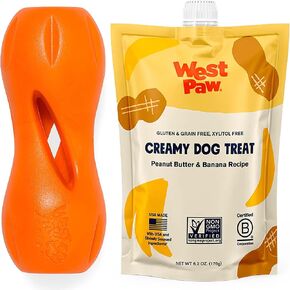 West Paw Zogoflex Qwizl & Creamy Treats Butter & Banana Bundle | لعبة ألغاز الكلاب علاج ومضغ-لعبة إثراء الكلاب بألوان زاهية للمضغ العدوانيين ، الجلب ، الصيد ، 5.5 "، اليوسفي