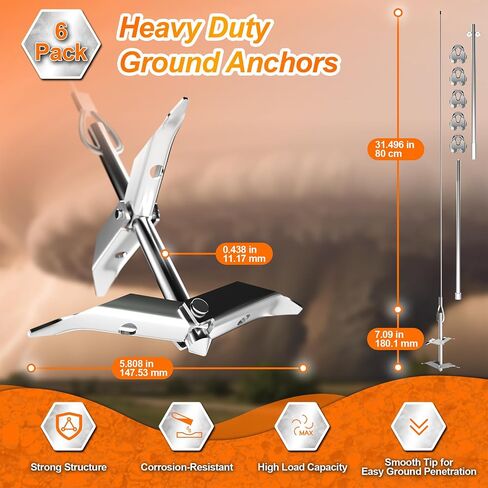 Pugala 2700 lb Holding Capacity 6 Pack Heavy Duty Ground Anchors with Adjustable Clamps - 30'' Double-Layer Cross-Design Earth Anchors for Sheds, Greenhouses, Tents in Saudi Arabia