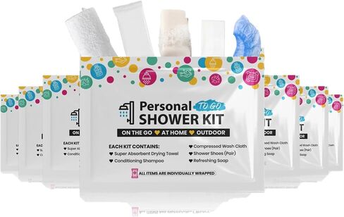 Compact Personal Shower Kit To-Go (Multi-Color) – Your Hygiene Companion for Travel, Gym, Camping | Shower on the Go | Shampoo, Soap, Towel. All in One (50) in Kuwait