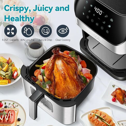 Air Fryer 6.2 QT Large Capacity Oilless Hot Air Fryers Oven 1500W Healthy Cooker with 10 Presets, Digital LCD Touch Screen, Visual Cooking Window, Non-Stick Basket, Included Recipe (Silver-L) in Saudi Arabia