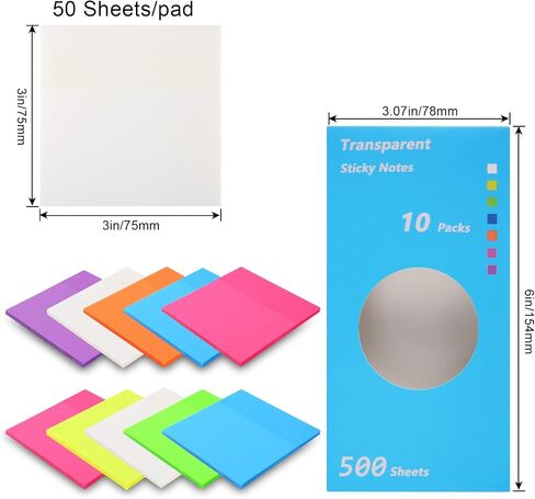 500 Sheets White Transparent Sticky Notes- 3 x 3 Inch- ZAOOTG Clear Sticky Notes Memo Pad Stickers for Annotating, Translucent Sticky Notes for Office & School Supplies (10 Pads, White) in Saudi Arabia