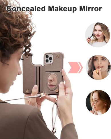 Crossbody Wallet with Cosmetic Mirror Case for iPhone 15 Pro Max, UP Leather Case with Card Slots Invisible Stand, Women Detachable Lanyard 6.7-Inch Phone Case White in Kuwait