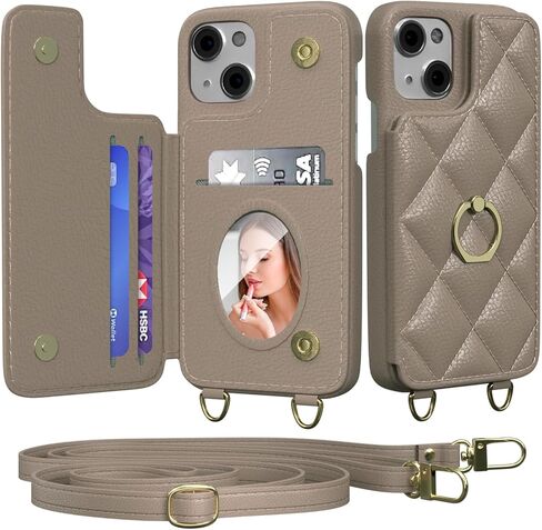 Crossbody Wallet with Cosmetic Mirror Case for iPhone 15 Pro Max, UP Leather Case with Card Slots Invisible Stand, Women Detachable Lanyard 6.7-Inch Phone Case White in Kuwait