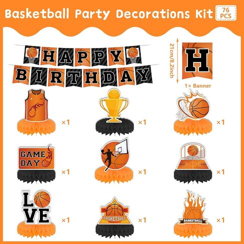 76pcs Basketball Birthday Party Decorations With Banner, Honeycomb Centerpiece, Balloons, Cake Topper, Tablecloths for Boys Theme Party in Saudi Arabia