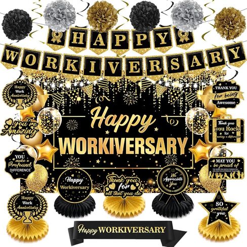 Happy Work Anniversary Decorations Rose Gold Happy Workiversary Banner Honeycomb Centerpieces Hanging Swirls Tissue Paper Pompoms Sash Set for Women Office Employee Worker Appreciation Party Supplies in Saudi Arabia