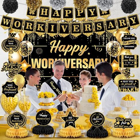 Happy Work Anniversary Decorations Rose Gold Happy Workiversary Banner Honeycomb Centerpieces Hanging Swirls Tissue Paper Pompoms Sash Set for Women Office Employee Worker Appreciation Party Supplies in Saudi Arabia