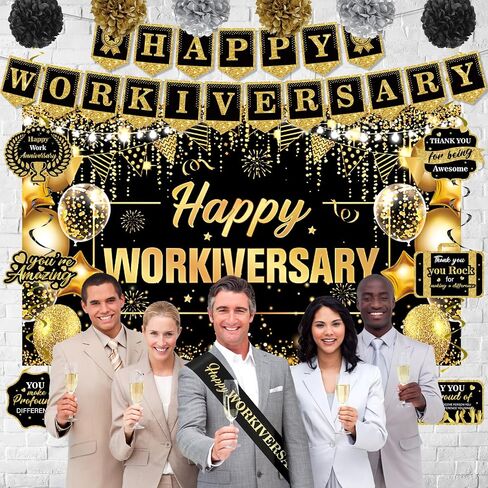 Happy Work Anniversary Decorations Rose Gold Happy Workiversary Banner Honeycomb Centerpieces Hanging Swirls Tissue Paper Pompoms Sash Set for Women Office Employee Worker Appreciation Party Supplies in Saudi Arabia