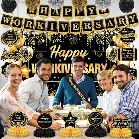 Happy Work Anniversary Decorations Rose Gold Happy Workiversary Banner Honeycomb Centerpieces Hanging Swirls Tissue Paper Pompoms Sash Set for Women Office Employee Worker Appreciation Party Supplies in Saudi Arabia