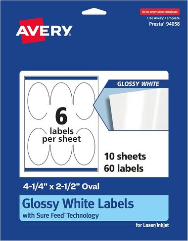 AVERY Glossy White Oval Labels, 4.25" x 2.5", 60 Labels, Sure Feed, Permanent Adhesive, Laser/Inkjet Compatible in Saudi Arabia