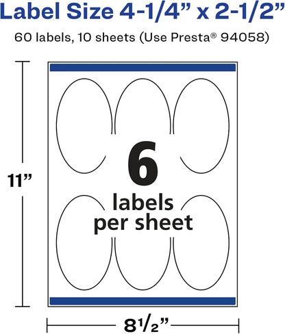 AVERY Glossy White Oval Labels, 4.25" x 2.5", 60 Labels, Sure Feed, Permanent Adhesive, Laser/Inkjet Compatible in Saudi Arabia