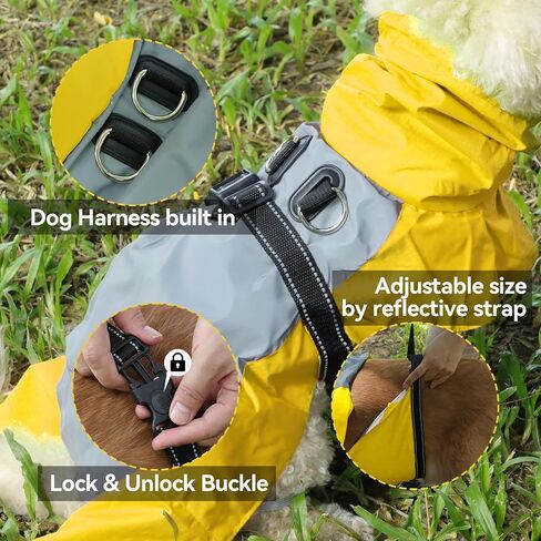 Dog Raincoat with Harness Built in,Outdoor Waterproof Puppy Rain Jacket for Small Dogs,Adjustable Waist by Strap Doggie Rain Coats,Yellow XS in Saudi Arabia