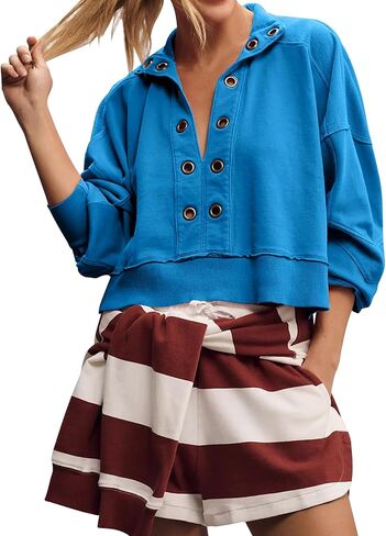 بلوفر نسائي من COZYPOIN برقبة على شكل حرف V وأكمام طويلة وأزرار، بلوفر قصير مع فتحة معدنية أمامية in Kuwait