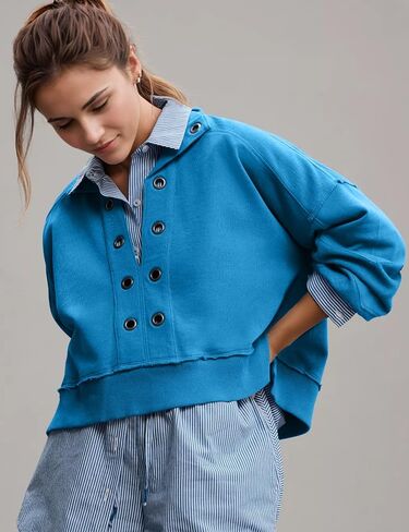 بلوفر نسائي من COZYPOIN برقبة على شكل حرف V وأكمام طويلة وأزرار، بلوفر قصير مع فتحة معدنية أمامية in Kuwait