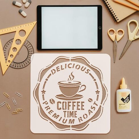 FINGERINSPIRE Coffee Stamp Painting Stencil 11.8x11.8 inch Coffee Beans Cup Stars Template Hollowed Coffee Time Stencil Large Words Delicious Premium Roast Template Daily Theme Stencil for DIY Craft in Saudi Arabia