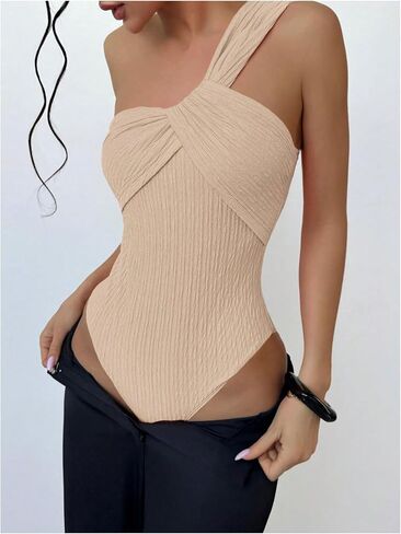 GORGLITTER Women's Twist Front One Shoulder Bodysuit Sleeveless Backless Asymmetrical Neck Tank Top Jumpsuits in Saudi Arabia