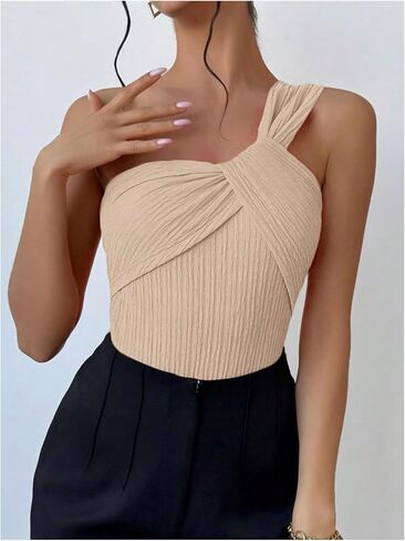 GORGLITTER Women's Twist Front One Shoulder Bodysuit Sleeveless Backless Asymmetrical Neck Tank Top Jumpsuits in Saudi Arabia