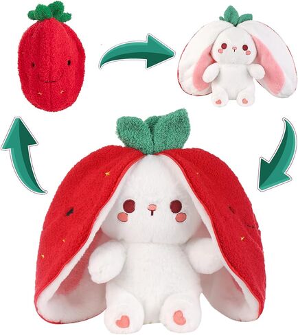 Emoin Bunny Stuffed Animal Reversible Cuddle Strawberry Bunny Plush Transformed Rabbit Toy Plush with Zipper Easter Bunny Plushies Gifts for Baby Boys Girls-7Inch in Saudi Arabia